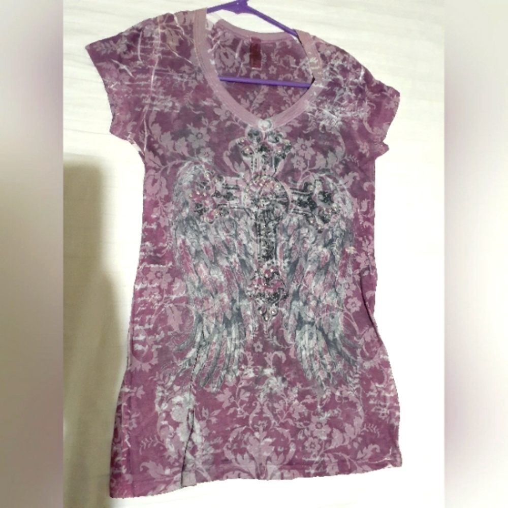 M-Purple Rhinestone Studded T-Shirt with Cross and Angels Wings Front and Back.